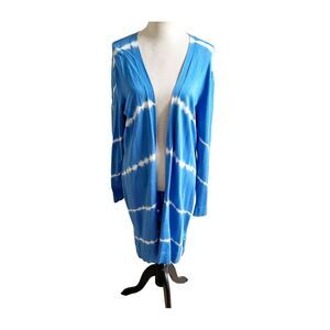 Chico’s Womens Blue Tie Dye Rayon Longline Open Front Cardigan Size 2/Medium